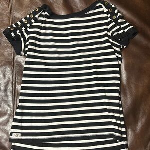 Ralph Lauren black and white stripped t-shirt with buttons going up each sleeve